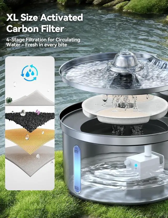 Alt view image 3 of 7 - Wireless Cat Water Fountain - Safe Water-Electricity Separation, 3.5L Stainless Steel, XL Filter for Less Replacement, 4000mAh Battery, Motion Sensor & Ultra-Quiet Pump -