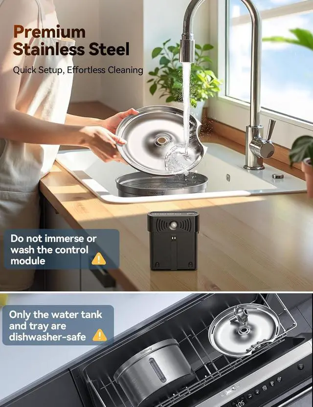 Alt view image 6 of 7 - Wireless Cat Water Fountain - Safe Water-Electricity Separation, 3.5L Stainless Steel, XL Filter for Less Replacement, 4000mAh Battery, Motion Sensor & Ultra-Quiet Pump -