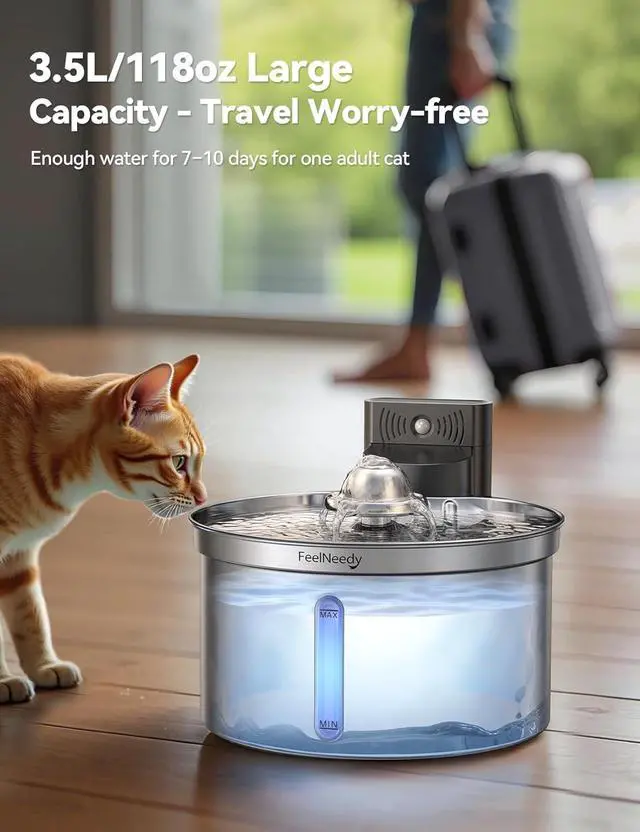 Alt view image 7 of 7 - Wireless Cat Water Fountain - Safe Water-Electricity Separation, 3.5L Stainless Steel, XL Filter for Less Replacement, 4000mAh Battery, Motion Sensor & Ultra-Quiet Pump -
