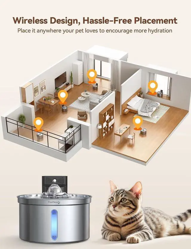 Alt view image 4 of 7 - Wireless Cat Water Fountain - Safe Water-Electricity Separation, 3.5L Stainless Steel, XL Filter for Less Replacement, 4000mAh Battery, Motion Sensor & Ultra-Quiet Pump -