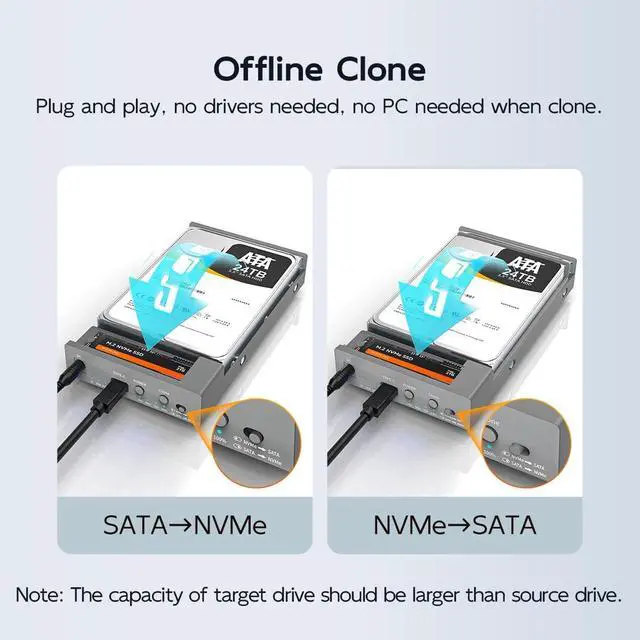 Alt view image 2 of 6 - External Hard Drive Enclosure for M.2 NVMe SSD and 2.5/3.5 Inch SATA SSD/HDD, Bidirectional Clone NVMe and SATA, USB 3.2 Gen2 (10Gbps) Type-C Hard Disk Adapter Docking Station
