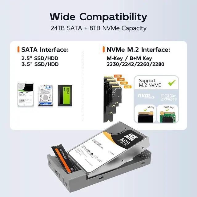 Alt view image 3 of 6 - External Hard Drive Enclosure for M.2 NVMe SSD and 2.5/3.5 Inch SATA SSD/HDD, Bidirectional Clone NVMe and SATA, USB 3.2 Gen2 (10Gbps) Type-C Hard Disk Adapter Docking Station