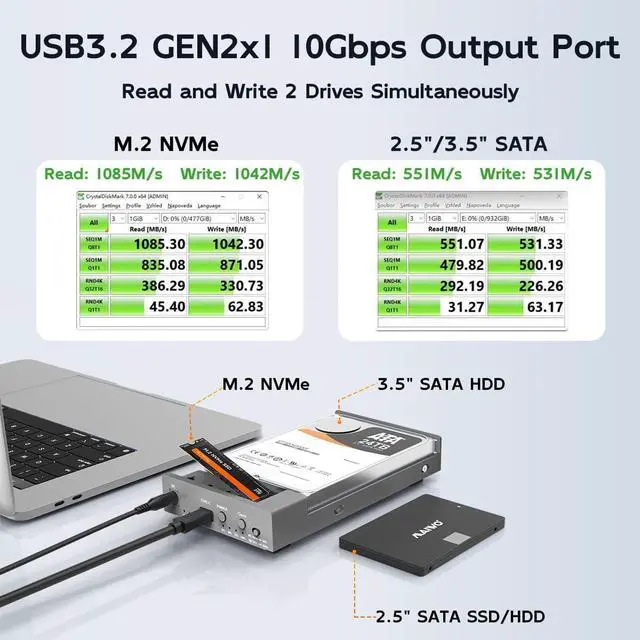 Alt view image 4 of 6 - External Hard Drive Enclosure for M.2 NVMe SSD and 2.5/3.5 Inch SATA SSD/HDD, Bidirectional Clone NVMe and SATA, USB 3.2 Gen2 (10Gbps) Type-C Hard Disk Adapter Docking Station