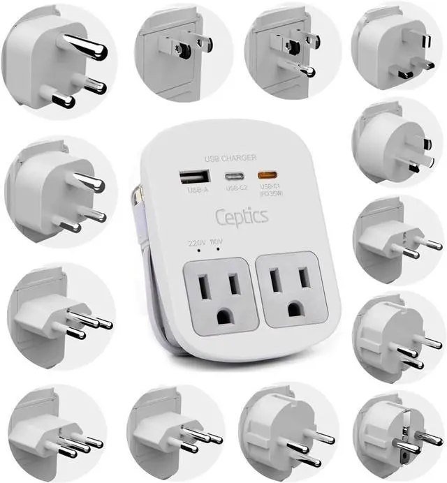 Main image of Universal Travel Adapter, 35W World Travel Adapter Kit - 2 USA sockets, USB-A, USBC, 1x PD 35W USB-C and USBC Cable, Perfect for Laptops, Cell Phones, Chargers - Surge protection
