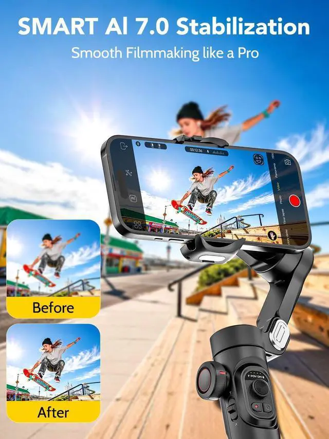 Alt view image 3 of 7 - Phone Gimbal Stabilizer, 3-Axis Smartphone Foldable Handheld Gimbal for iPhone with Focus Wheel, TikTok/YouTube Vlog Stabilizer for iPhone 17/16/15/14/13 Pro Max & Android Smart XE