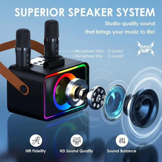 Alt view image 2 of 7 - Karaoke Machine,Portable Bluetooth Speaker with 2 Wireless Microphone for Adults & Kids with LED Lights, Karaoke Microphone with PA System Supports USB/TF/AUX, (Black)