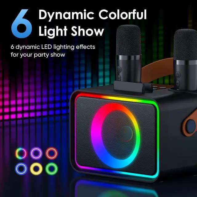 Alt view image 4 of 7 - Karaoke Machine,Portable Bluetooth Speaker with 2 Wireless Microphone for Adults & Kids with LED Lights, Karaoke Microphone with PA System Supports USB/TF/AUX, (Black)