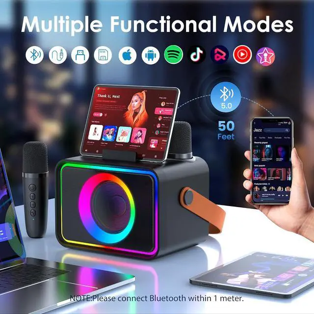Alt view image 5 of 7 - Karaoke Machine,Portable Bluetooth Speaker with 2 Wireless Microphone for Adults & Kids with LED Lights, Karaoke Microphone with PA System Supports USB/TF/AUX, (Black)