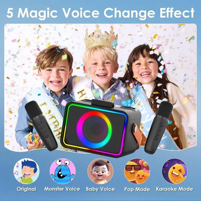 Alt view image 3 of 7 - Karaoke Machine,Portable Bluetooth Speaker with 2 Wireless Microphone for Adults & Kids with LED Lights, Karaoke Microphone with PA System Supports USB/TF/AUX, (Black)