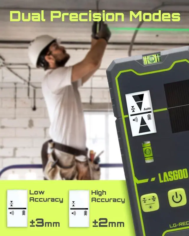 Alt view image 2 of 7 - LasGoo LG-REC01 Laser Receiver for Laser Level, Dual LCD Display & Bubble Level, Green & Red Laser Beam Detector for Pulsing Line Lasers, Up to 164ft, Built-in Rechargeable Battery, Clamp Included