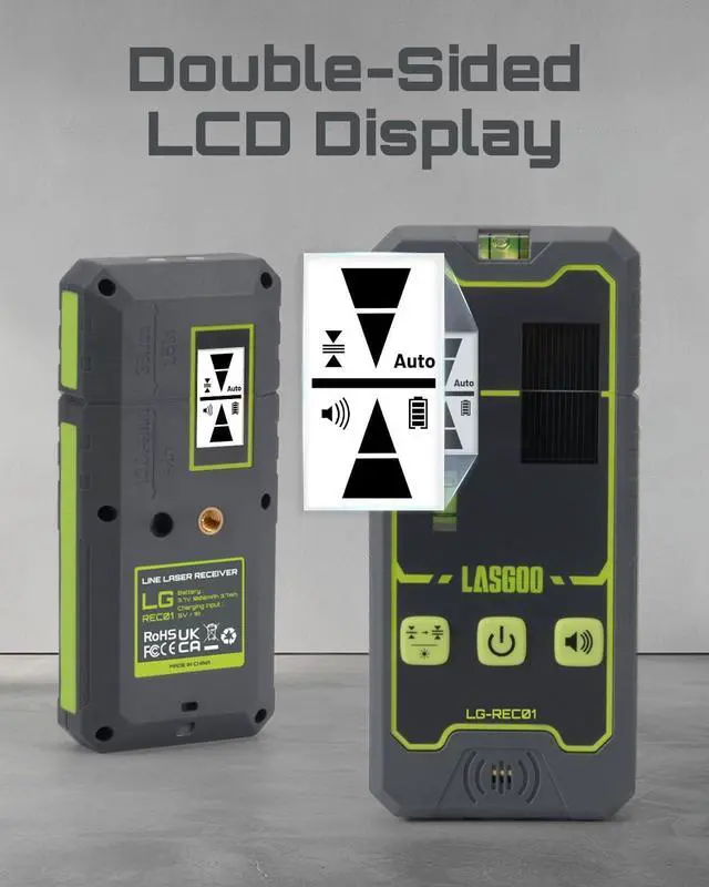 Alt view image 3 of 7 - LasGoo LG-REC01 Laser Receiver for Laser Level, Dual LCD Display & Bubble Level, Green & Red Laser Beam Detector for Pulsing Line Lasers, Up to 164ft, Built-in Rechargeable Battery, Clamp Included
