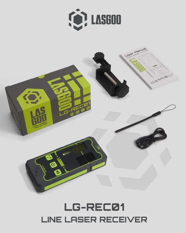 Alt view image 7 of 7 - LasGoo LG-REC01 Laser Receiver for Laser Level, Dual LCD Display & Bubble Level, Green & Red Laser Beam Detector for Pulsing Line Lasers, Up to 164ft, Built-in Rechargeable Battery, Clamp Included