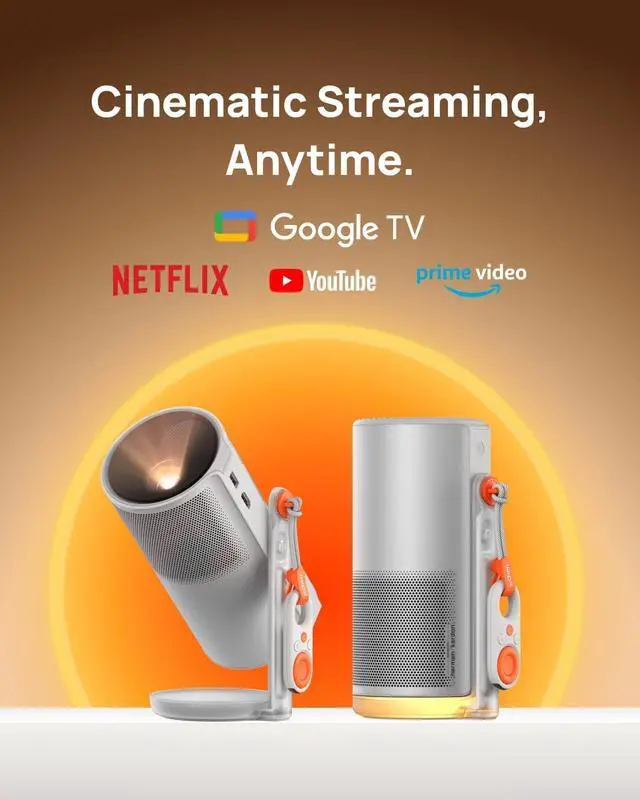 Alt view image 2 of 6 - MoGo 4 Laser Portable Projector with 4 Filters, 550 ISO Lumens, 360° Built-in Stand, Built-in Battery, 2.5H Movie Time, Google TV with Licensed Netflix, 2×6W Harman Kardon