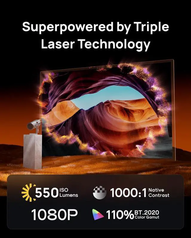 Alt view image 3 of 6 - MoGo 4 Laser Portable Projector with 4 Filters, 550 ISO Lumens, 360° Built-in Stand, Built-in Battery, 2.5H Movie Time, Google TV with Licensed Netflix, 2×6W Harman Kardon