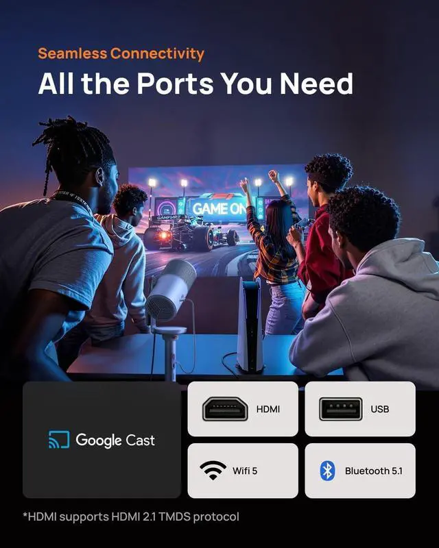 Alt view image 5 of 6 - MoGo 4 Laser Portable Projector with 4 Filters, 550 ISO Lumens, 360° Built-in Stand, Built-in Battery, 2.5H Movie Time, Google TV with Licensed Netflix, 2×6W Harman Kardon