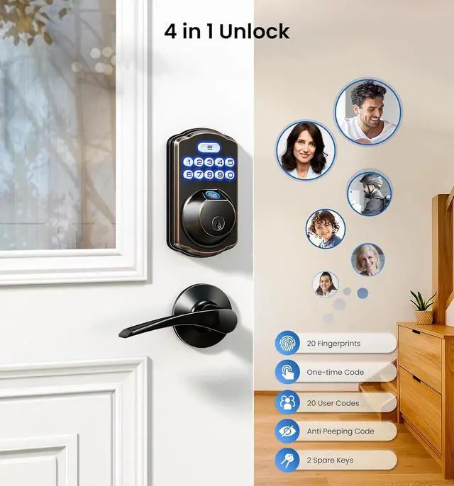 Alt view image 3 of 7 - KS02A Fingerprint Keyless Entry Door Lock, Auto Lock, Electronic Keypad Deadbolt for Front Door, Biometric, Anti-Peeping Password, Easy Install, Oil Rubbed Bronze