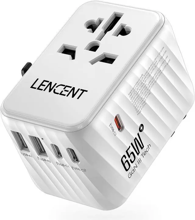 Main image of International Travel Adapter, 65W GaN3 Universal Fast Charger with 2 USB A + 3 Type C PD, Worldwide Power Adaptor for Phones,Laptops, All in One Travel Essentials for EU/USA/UK/AU, White