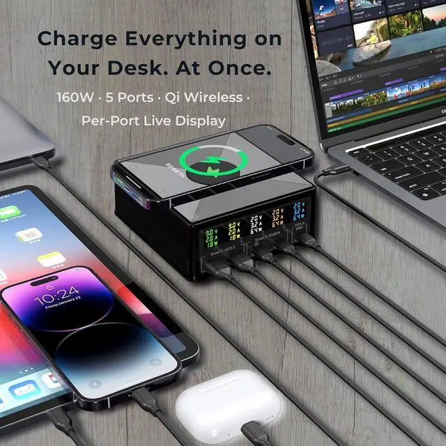 Alt view image 2 of 7 - 160W Desktop Charging Station 6-in-1: USB-C PD 65W Laptop Charger, QC 3.0, Qi Wireless Pad, Per-Port Digital Display On/Off for MacBook, iPhone, Samsung, Pixel