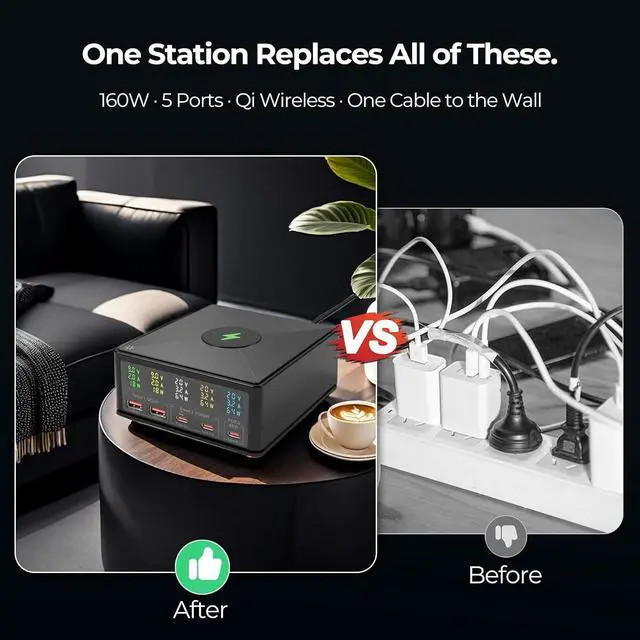 Alt view image 6 of 7 - 160W Desktop Charging Station 6-in-1: USB-C PD 65W Laptop Charger, QC 3.0, Qi Wireless Pad, Per-Port Digital Display On/Off for MacBook, iPhone, Samsung, Pixel
