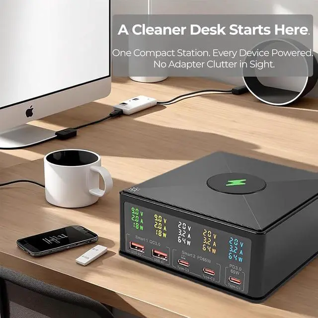 Alt view image 7 of 7 - 160W Desktop Charging Station 6-in-1: USB-C PD 65W Laptop Charger, QC 3.0, Qi Wireless Pad, Per-Port Digital Display On/Off for MacBook, iPhone, Samsung, Pixel