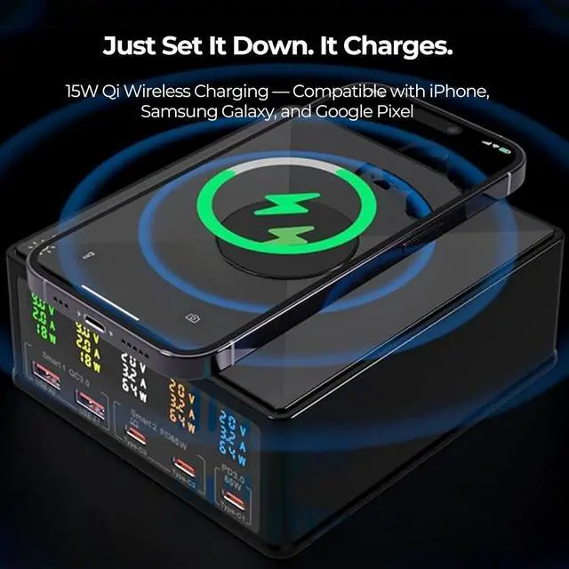 Alt view image 4 of 7 - 160W Desktop Charging Station 6-in-1: USB-C PD 65W Laptop Charger, QC 3.0, Qi Wireless Pad, Per-Port Digital Display On/Off for MacBook, iPhone, Samsung, Pixel