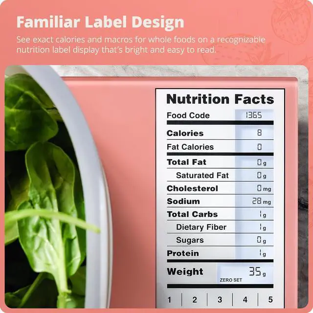 Alt view image 2 of 7 - Digital Nutrition Scale Accurate Macro and Calorie Tracking for Meal Prep, Weight Loss, and Healthy Eating | 2,000 Built-in Foods, Intuitive Nutrition Label Display, 11lb Cap, Pink