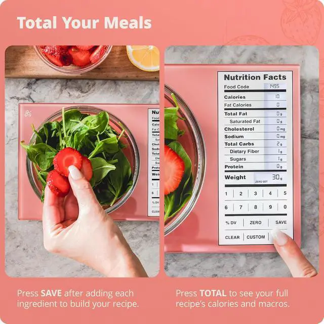 Alt view image 4 of 7 - Digital Nutrition Scale Accurate Macro and Calorie Tracking for Meal Prep, Weight Loss, and Healthy Eating | 2,000 Built-in Foods, Intuitive Nutrition Label Display, 11lb Cap, Pink