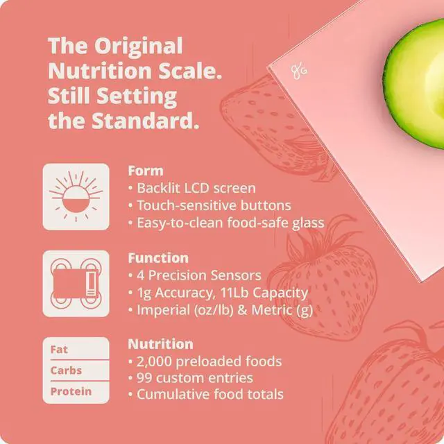 Alt view image 3 of 7 - Digital Nutrition Scale Accurate Macro and Calorie Tracking for Meal Prep, Weight Loss, and Healthy Eating | 2,000 Built-in Foods, Intuitive Nutrition Label Display, 11lb Cap, Pink