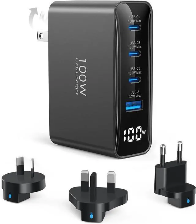 Main image of 100W USB C Travel Charger, 4-Ports Foldable Travel Adapter Plug Converter with UK/EU/AU Plugs, Fast Charging for MacBook Pro/Air, iPad Pro, iPhone 15/14 Pro Max, for 45w Samsung Galaxy, Black
