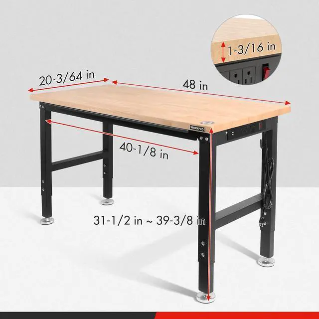 Alt view image 5 of 6 - 48" Adjustable Workbench, Rubber Wood Top Heavy-Duty Workstation, 2000 LBS Load Capacity Hardwood Worktable with Power Outlets, for Workshop, Garage