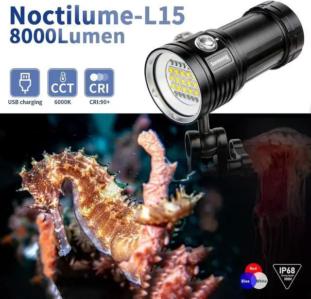 Alt view image 3 of 7 - Noctilume N15 6000 Lumens Dive Light - Professional Underwater Video Light with 90 CRI, 6500K White Light, for Scuba Diving/Underwater Photography/Videography (IP68 Waterproof, 80m Depth)