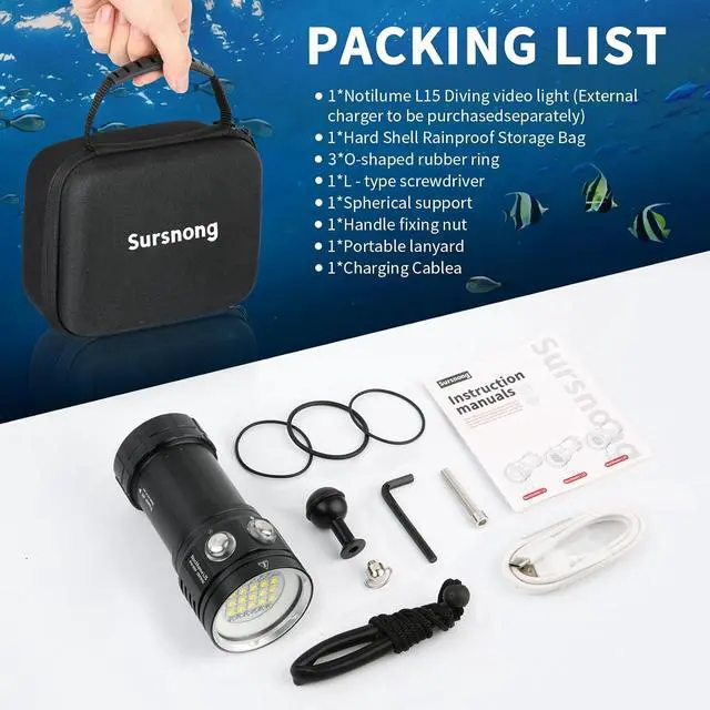 Alt view image 7 of 7 - Noctilume N15 6000 Lumens Dive Light - Professional Underwater Video Light with 90 CRI, 6500K White Light, for Scuba Diving/Underwater Photography/Videography (IP68 Waterproof, 80m Depth)