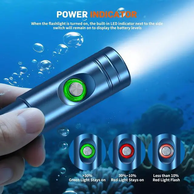Alt view image 3 of 7 - WD12 Dive Light - 1400 Lumens Compact Scuba Diving Backup Light with 3 Modes, IP68 Waterproof Submersible Torch, Underwater Snorkeling Flashlight with Push Button