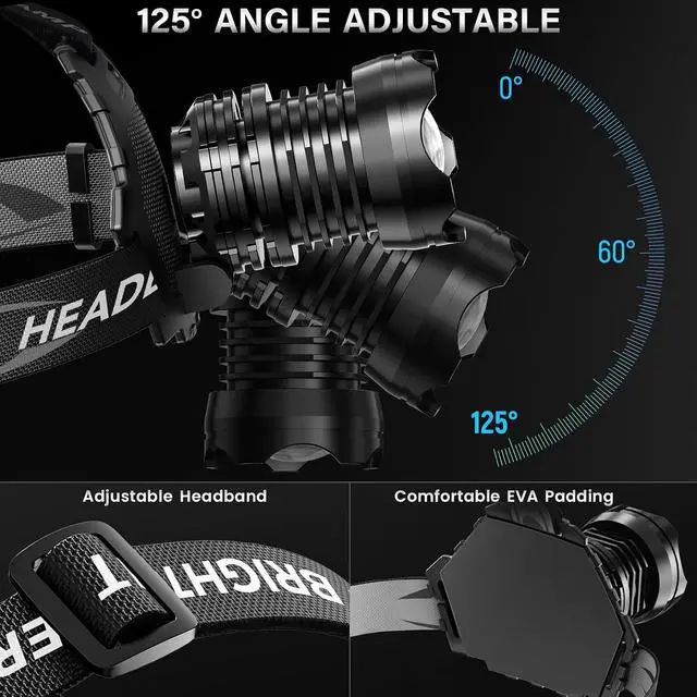 Alt view image 7 of 7 - Rechargeable LED Headlamp Super Bright, 99000 High Lumens Head Lamp Zoomable, 95 Hours Long Lasting & 12 Mode &125° Adjustable Waterproof Head Light for Outdoor, Camping, Hard Hat