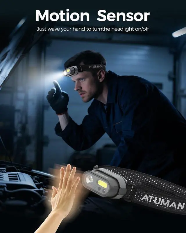 Alt view image 6 of 7 - Rechargeable LED Headlamp Super Bright, 2 Pack Motion Sensor Head lamp Flashlight, Waterproof 8 Modes Head Lights for Forehead, Camping Essentials Gear for Hiking Fishing Work