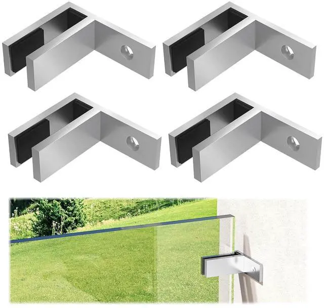 Main image of 4 Pack Railing Wall to Glass Clamp, F Shape Stainless Steel T304 Bracket for Indoor & Outdoor, Brushed Finish Railing Glass Clip Holder for Fence, Balustrade, Balcony Deck