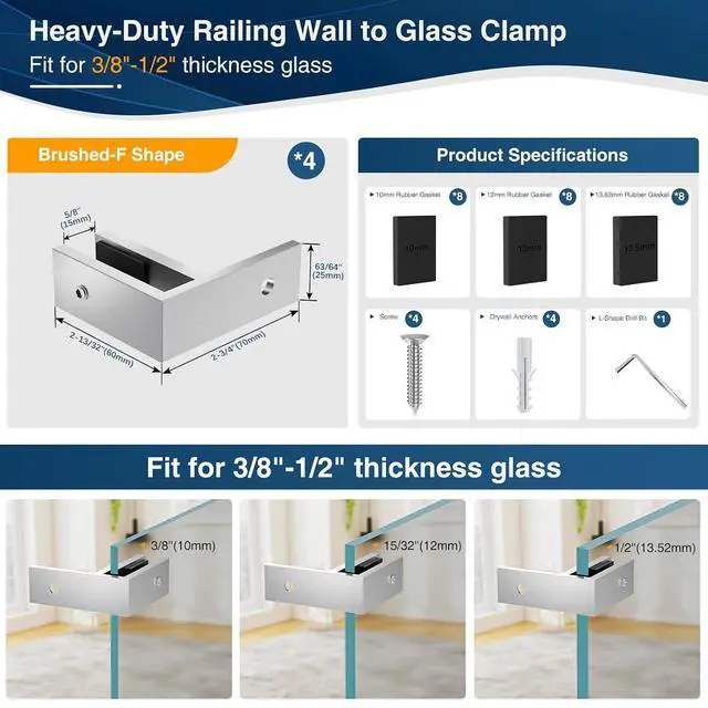Alt view image 3 of 7 - 4 Pack Railing Wall to Glass Clamp, F Shape Stainless Steel T304 Bracket for Indoor & Outdoor, Brushed Finish Railing Glass Clip Holder for Fence, Balustrade, Balcony Deck
