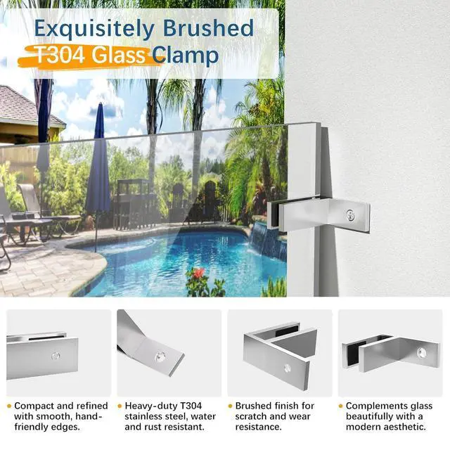 Alt view image 7 of 7 - 4 Pack Railing Wall to Glass Clamp, F Shape Stainless Steel T304 Bracket for Indoor & Outdoor, Brushed Finish Railing Glass Clip Holder for Fence, Balustrade, Balcony Deck