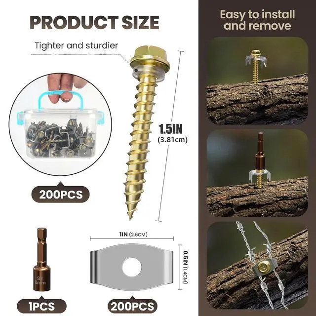 Alt view image 2 of 7 - 200 PCS Wire Fence Staples with Wire Fixer, Fence Fasteners for Wire Fencing, Fence Post Screws for Softwoods, Reuse/Easy Remove Fence Nails for Mesh and Woven Fencing Repair