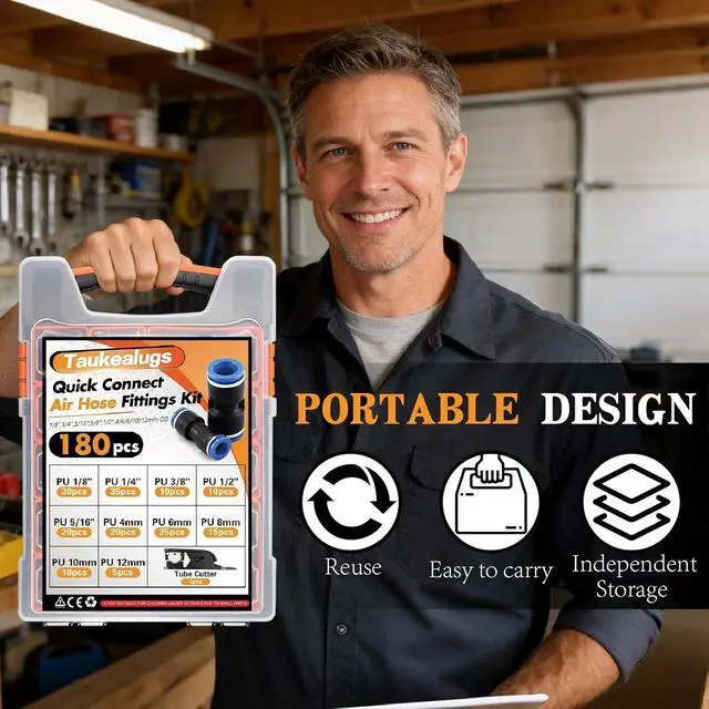 Alt view image 2 of 7 - 180 Pcs Push-to-Connect Air Hose Fittings Assortment Kit,Quick Connect Hose Fittings 1/8" 1/4" 5/16 3/8" 1/2" and 4 6 8 10 12mm Pneumatic Quick Connectors