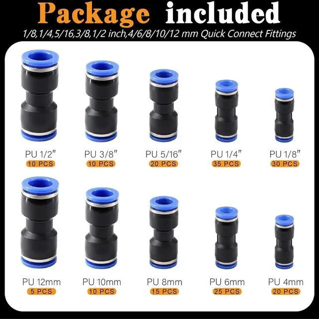 Alt view image 3 of 7 - 180 Pcs Push-to-Connect Air Hose Fittings Assortment Kit,Quick Connect Hose Fittings 1/8" 1/4" 5/16 3/8" 1/2" and 4 6 8 10 12mm Pneumatic Quick Connectors