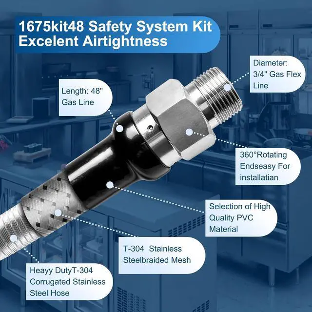 Alt view image 2 of 7 - 1675KIT48 Safety System Kit, 48" Mobile Gas Hose Connector with 2 Elbows, 3/4" Quick Disconnect, 3/4" Gas Flex Line & Gas Valve, Quick Connect & Disconnect for Commercial Kitchen Equipment.