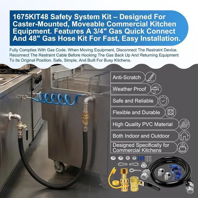 Alt view image 3 of 7 - 1675KIT48 Safety System Kit, 48" Mobile Gas Hose Connector with 2 Elbows, 3/4" Quick Disconnect, 3/4" Gas Flex Line & Gas Valve, Quick Connect & Disconnect for Commercial Kitchen Equipment.