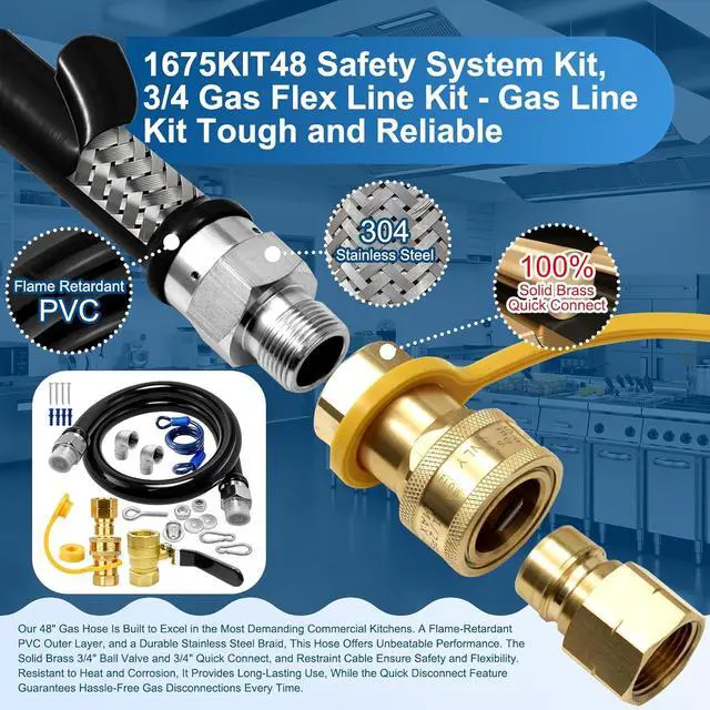 Alt view image 4 of 7 - 1675KIT48 Safety System Kit, 48" Mobile Gas Hose Connector with 2 Elbows, 3/4" Quick Disconnect, 3/4" Gas Flex Line & Gas Valve, Quick Connect & Disconnect for Commercial Kitchen Equipment.