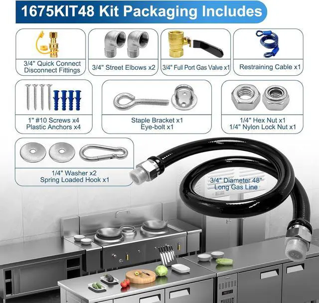 Alt view image 5 of 7 - 1675KIT48 Safety System Kit, 48" Mobile Gas Hose Connector with 2 Elbows, 3/4" Quick Disconnect, 3/4" Gas Flex Line & Gas Valve, Quick Connect & Disconnect for Commercial Kitchen Equipment.
