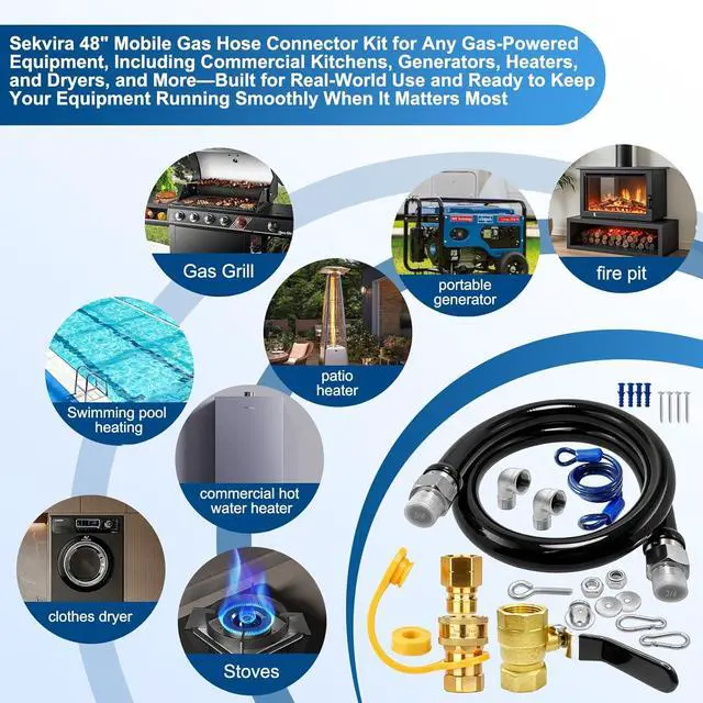 Alt view image 7 of 7 - 1675KIT48 Safety System Kit, 48" Mobile Gas Hose Connector with 2 Elbows, 3/4" Quick Disconnect, 3/4" Gas Flex Line & Gas Valve, Quick Connect & Disconnect for Commercial Kitchen Equipment.