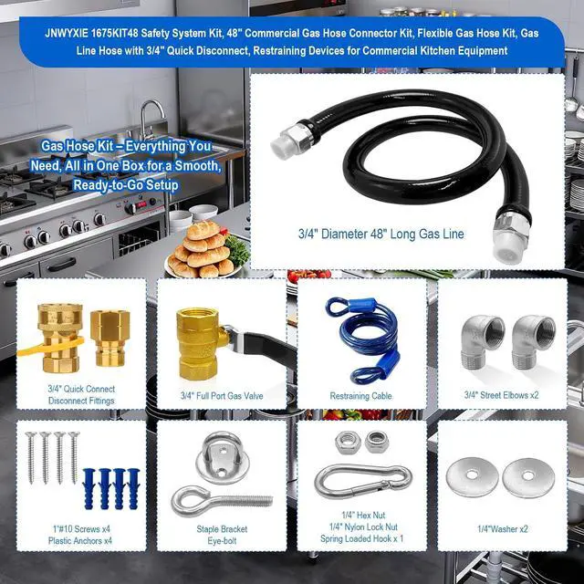 Alt view image 3 of 7 - 1675KIT48 Safety System Kit, 48" Commercial Gas Hose Connector Kit with 3/4" Quick Disconnect,Gas Line Hose for Kitchen Equipment Commercial Standard Gas Connector,Full Port Valve,Restraining Devices.