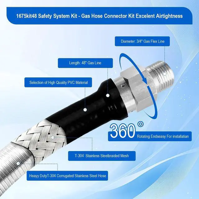 Alt view image 4 of 7 - 1675KIT48 Safety System Kit, 48" Commercial Gas Hose Connector Kit with 3/4" Quick Disconnect,Gas Line Hose for Kitchen Equipment Commercial Standard Gas Connector,Full Port Valve,Restraining Devices.