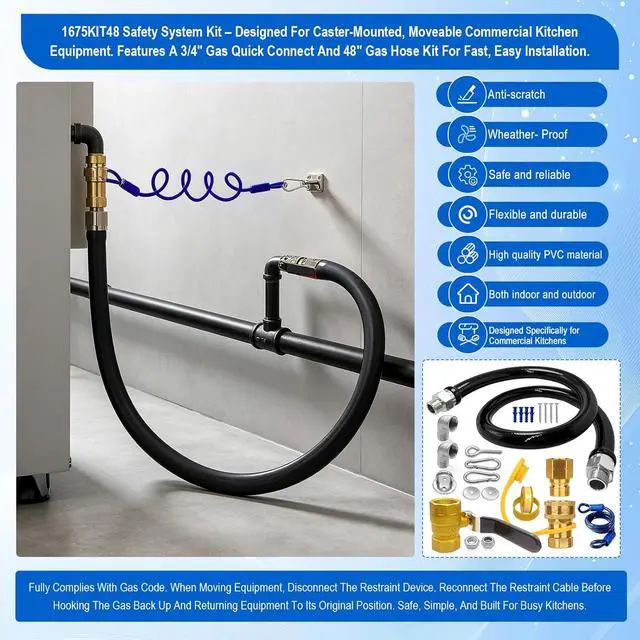 Alt view image 5 of 7 - 1675KIT48 Safety System Kit, 48" Commercial Gas Hose Connector Kit with 3/4" Quick Disconnect,Gas Line Hose for Kitchen Equipment Commercial Standard Gas Connector,Full Port Valve,Restraining Devices.