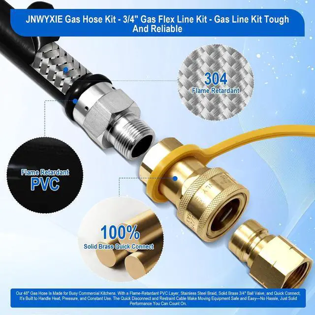 Alt view image 6 of 7 - 1675KIT48 Safety System Kit, 48" Commercial Gas Hose Connector Kit with 3/4" Quick Disconnect,Gas Line Hose for Kitchen Equipment Commercial Standard Gas Connector,Full Port Valve,Restraining Devices.